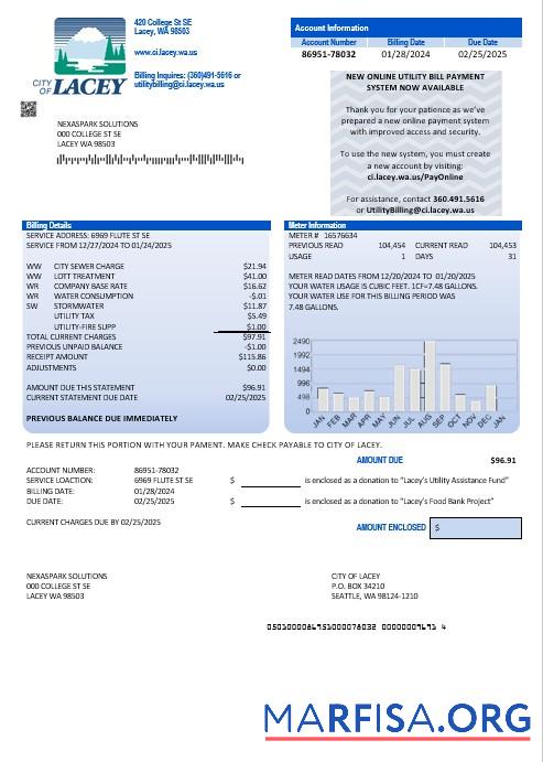 Realistic USA Washington City of Lacey water business utility bill template in Word and PDF formats (proof of address)